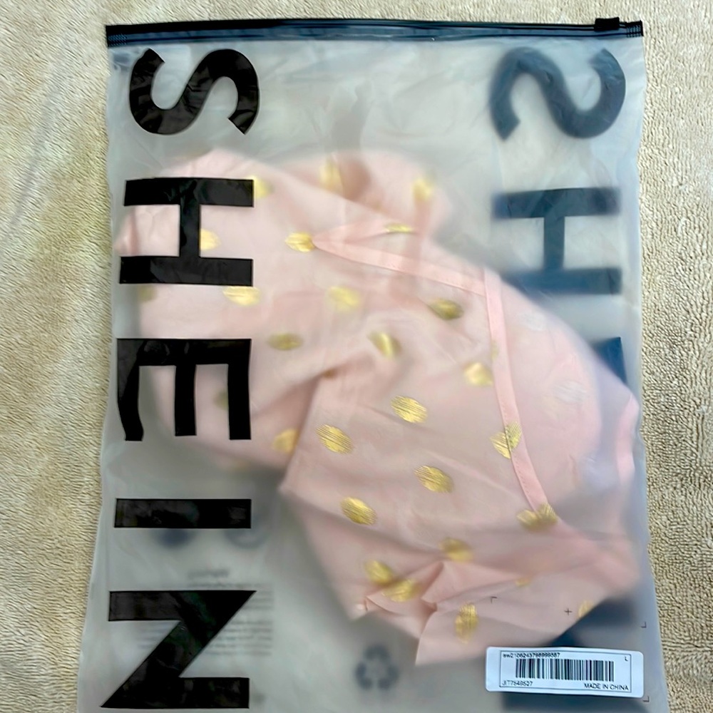Shein, L, peach w/ gold dots swing dress